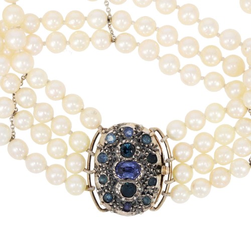 Bransoletka z żółtego złota i srebra z perłami i szafirami