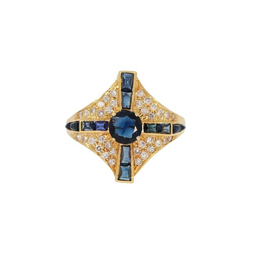 49703 Pierścionek z żółtego złota z szafirem i diamentami