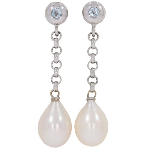 Kolczyki z białego złota z akwamarynami i perłami