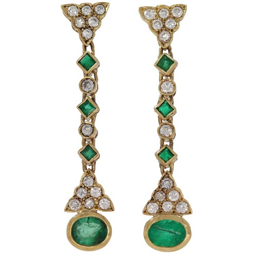 Kolczyki wiszące z żółtego złota ze szmaragdami i z diamentami