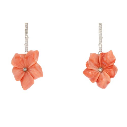 Koralowe kolczyki rzeźbione kwiaty i diamenty