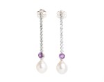 Złote kolczyki z ametystami, perłami i akwamarynami