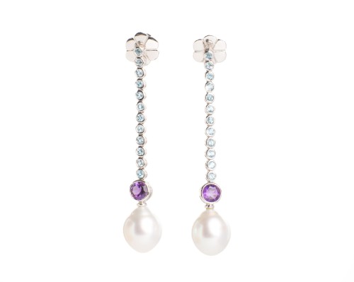 Złote kolczyki z ametystami, perłami i akwamarynami