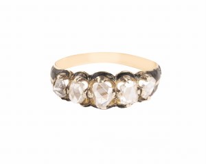 Złoty pierścionek z czarną emalią i 5 rozetami holenderskimi