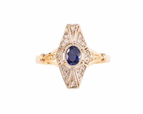 Złoty pierścionek z szafirem ok. 0,50 ct i diamentami ok. 0,14 ct