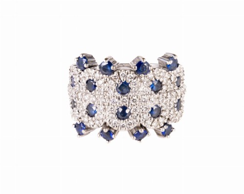 Szeroki pierścionek z szafirami i diamentami