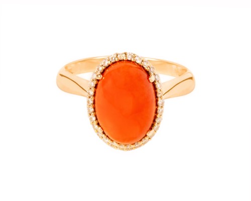 Złoty pierścionek z koralem i cyrkoniami