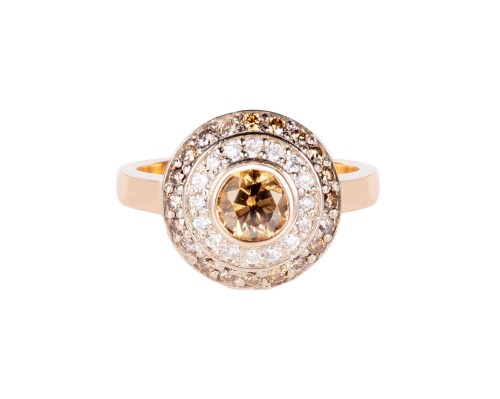 Złoty pierścionek z diamentami barwy fantazyjnej