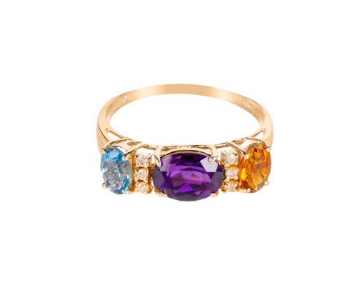 Złoty pierścionek z cytrynem, ametystem, topazem i diamentami