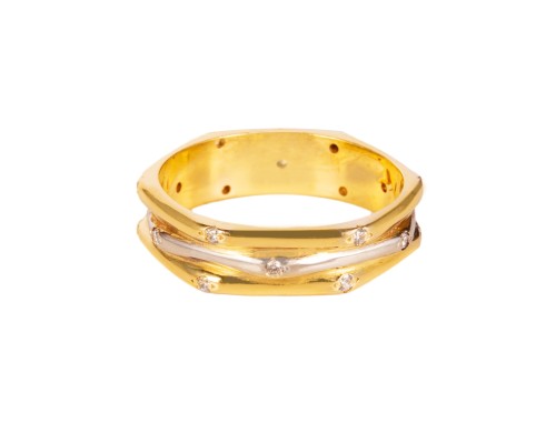 Obrączka z cyrkoniami, dwukolorowe złoto