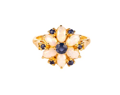 Złoty pierścionek kwiat z opalami i szafirami
