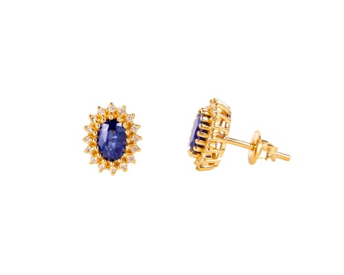 Złote kolczyki z szafirami i diamentami, żółte złoto