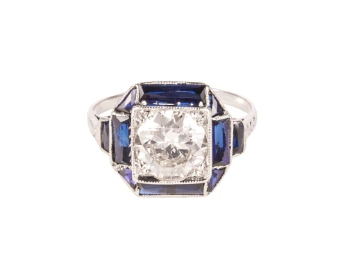 Pierścionek Art Deco  szafirami i brylantem ok. 1,28 ct
