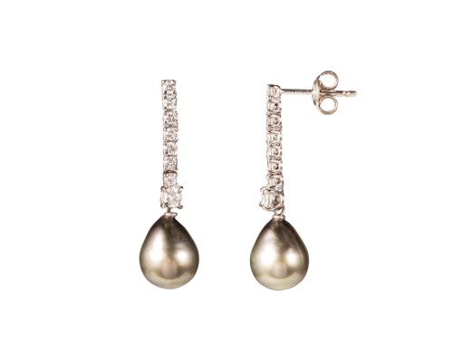 Wiszące kolczyki z ciemnymi perłami Tahiti i diamentami