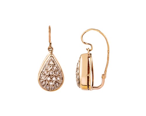 Złote, wiszące kolczyki z rozetami diamentowymi