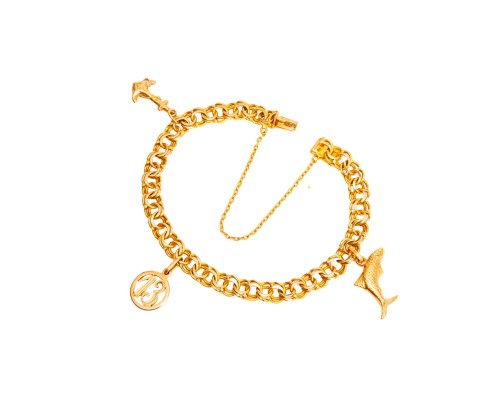 Złota bransoletka z 3 zawieszkami, z charmasmi