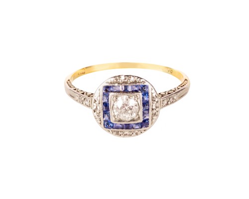 Pierścionek w stylu Art Deco z diamentami i szafirami