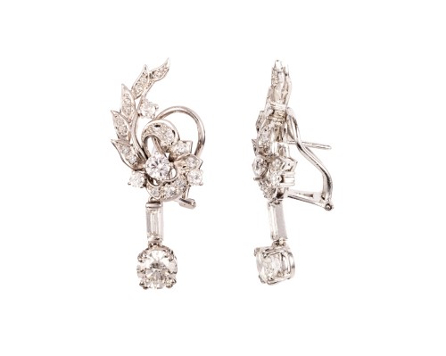 Wiszące, diamentowe kolczyki, złoto i platyna