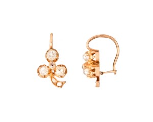 Złote wiszące kolczyki vintage z diamentami, koniczynki