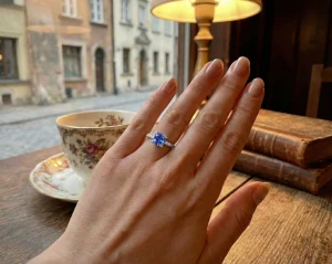 Pierścionek z szafirem i diamentami, w białym złocie