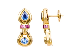 Para złotych kolczyków z 4 szafirami i rubinami, stylizowane vintage
