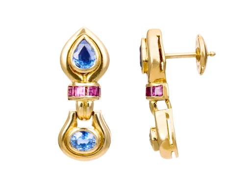 Para złotych kolczyków z 4 szafirami i rubinami