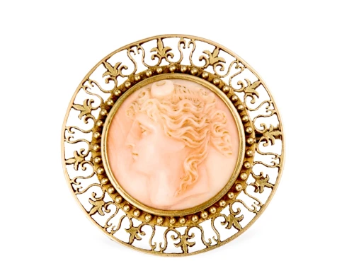 Złota, okrągła broszka z kameą