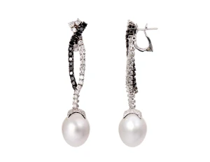 Wiszące kolczyki z perłami słonowodnymi South Sea, z czarnymi i białymi diamentami