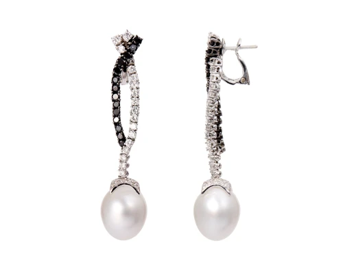 Wiszące kolczyki z perłami słonowodnymi South Sea, z czarnymi i białymi diamentami