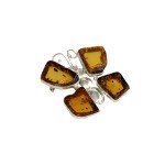 Broszka - wisior w kształcie motyla, ze srebra, z bursztynami