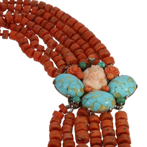 37409 Naszyjnik z koralem, turkusami i howlitami