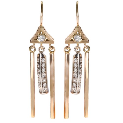 Kolczyki złote wiszące z trójkątem i brylantami