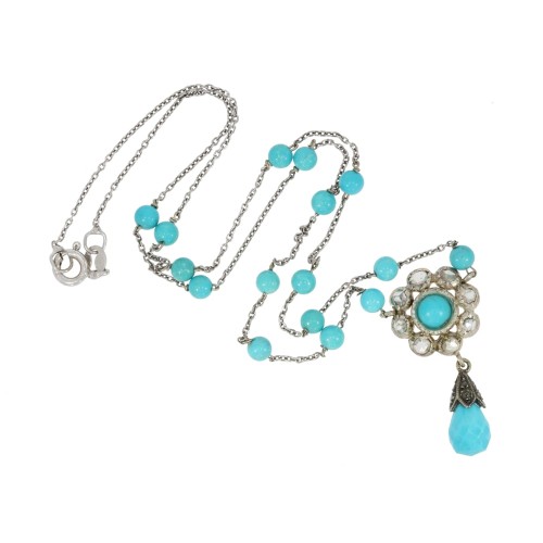37375 Naszyjnik srebrny z turkusami i rozetami diamentowymi